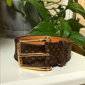 Louis Vuitton Monogram Leather Belt in Brown with Gold Buckle